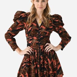 Cleobella Orange and Black Wrap Dress with Puff Sleeves